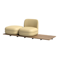 Cream-colored cushioned chairs on a wooden slat base, featuring a sleek, modern design.