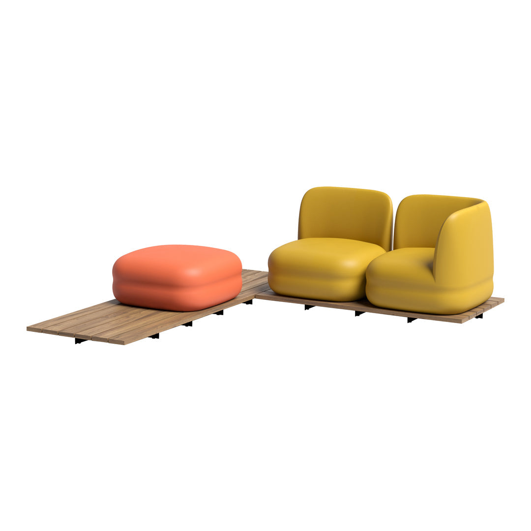 Bright yellow and orange modern seating with a sleek wooden base, featuring smooth, rounded forms and vibrant colors.