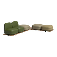 Two-tone green and beige modular sofa with smooth, rounded cushions on a natural wood base. Modern design.