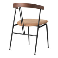 Brown wood backrest with tan suede cushion and black metal frame chair, featuring sleek minimalist design.