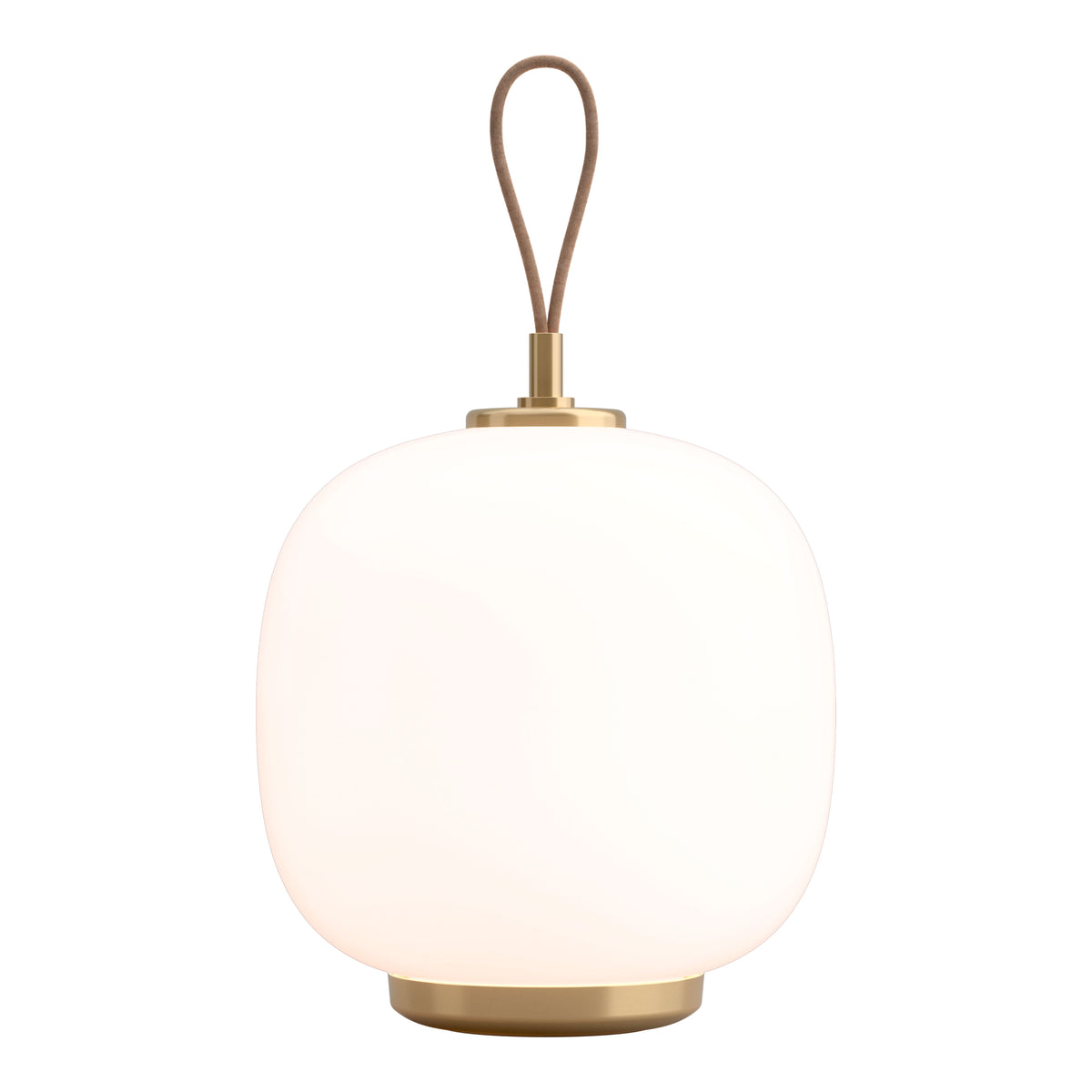 White glass lamp with a smooth round shape and a sleek brass base. Perfect for modern decor.