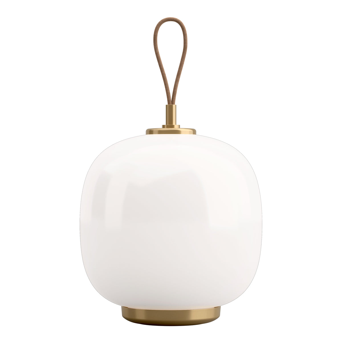 White glass lamp with a smooth, rounded shape and a sleek brass base and accent. Elegant and modern design.