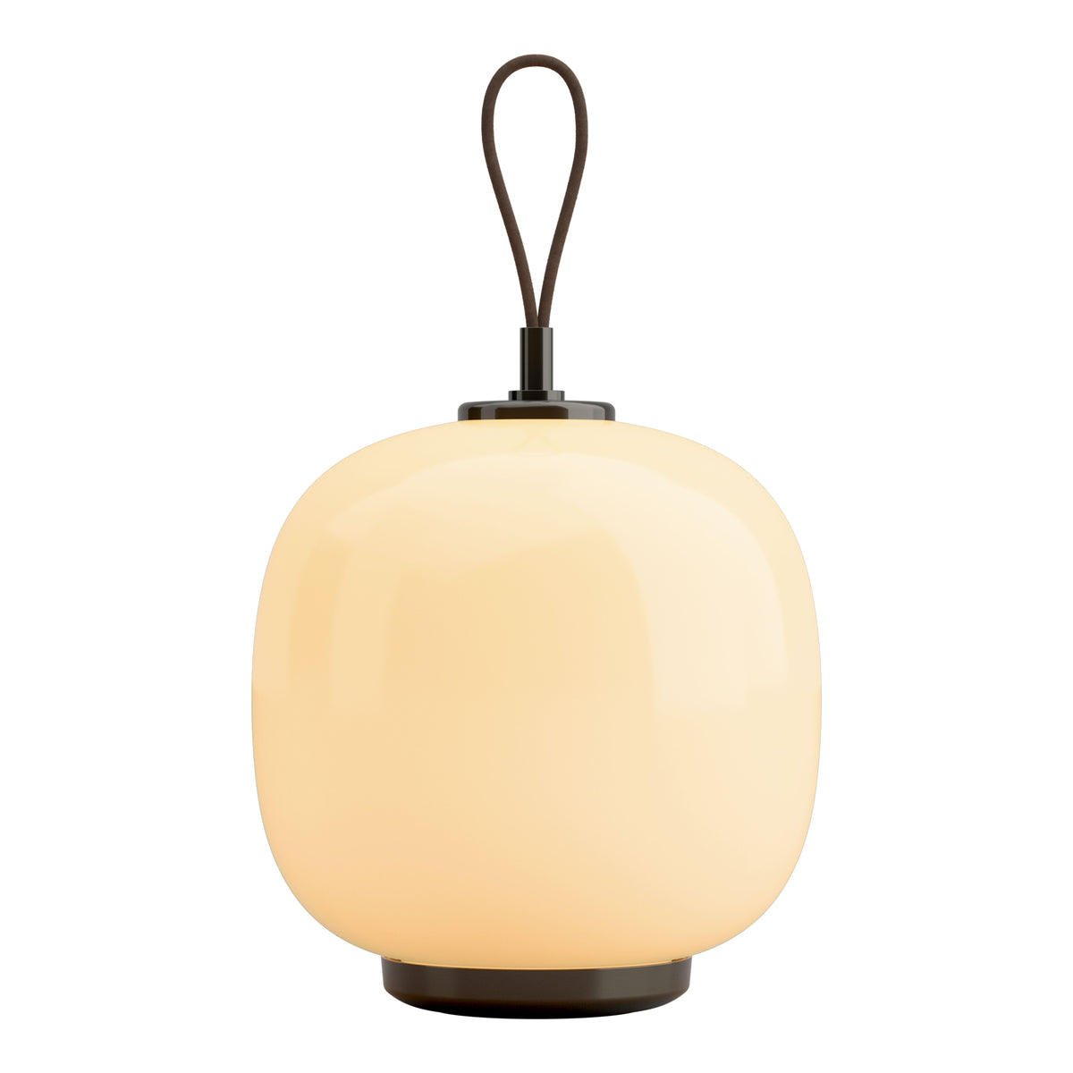 Soft amber glass lamp with a rounded shape, complemented by a sleek black base and handle. Perfect for modern decor.