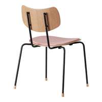 Modern chair featuring a light wood backrest, pink seat, and sleek black metal legs. Perfect for contemporary decor.