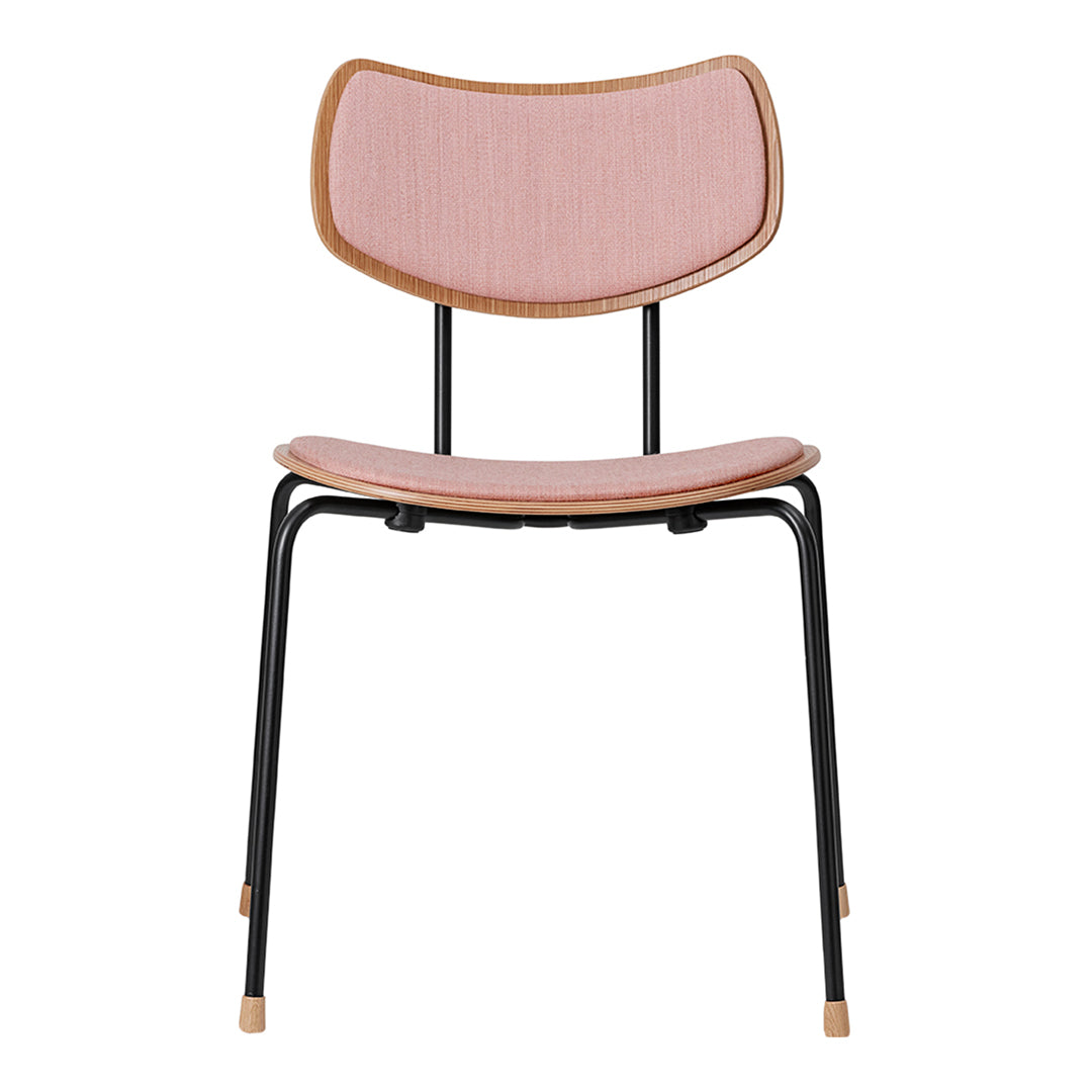 Pink fabric seat with natural wood accents and black metal legs, featuring a sleek, minimalist design.