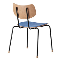 Modern chair with a natural wood finish, blue upholstered seat, and sleek black metal legs.