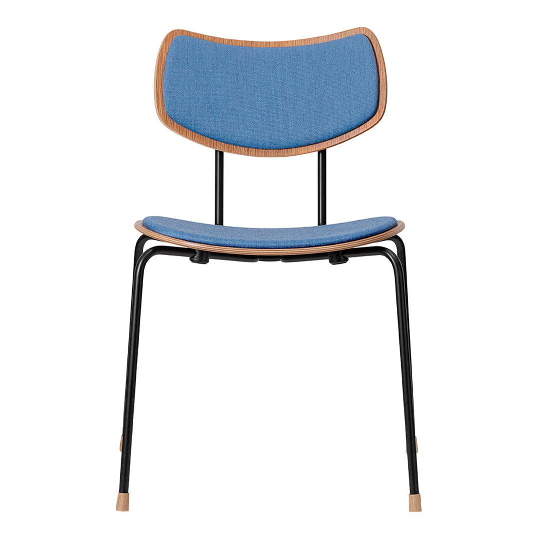 Blue upholstered chair with a sleek black metal frame and wooden accents, featuring a minimalist design.