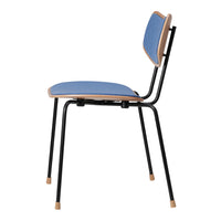 Blue upholstered chair with a natural wood trim and sleek black metal legs. Modern minimalist design for any space.