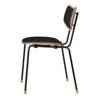 Black chair with a sleek design featuring a wooden backrest and black seating, complemented by metal accents.