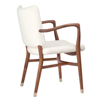 Elegant cream chair with a smooth fabric seat and wooden frame, featuring rich brown tones and gold accents.