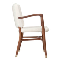 "Elegant cream upholstery with rich walnut wood and gold accents, featuring a streamlined mid-century modern design."