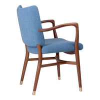 Blue textured upholstery with wooden arms and legs, accented by gold tips for a modern, stylish look.