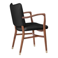 Black upholstered armchair with wooden legs featuring a warm walnut finish and gold accents on the feet.