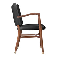 Black upholstered chair with wooden arms and legs, featuring a sleek, modern design and subtle gold accents.
