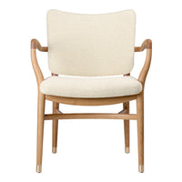 Light beige upholstered chair with smooth wood accents and elegant, minimalist design. Perfect for any modern space.