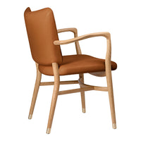 Brown upholstered chair with a light wood frame and smooth, minimalist design. Perfect for modern decor.