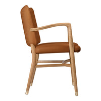 Tan upholstered chair with a sleek wooden frame, featuring a minimalist design and smooth lines.
