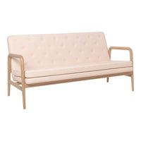 Light pink tufted fabric sofa with natural wood frame and minimalist design. Perfect for modern interiors.
