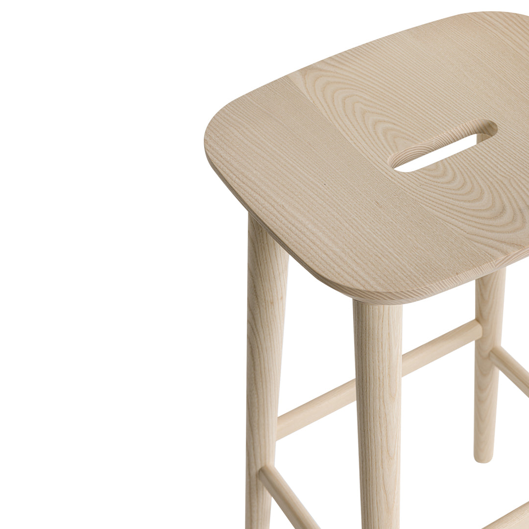 Natural wood bar stool with a smooth, light finish and rounded edges, featuring a minimalistic design and subtle wood grain.