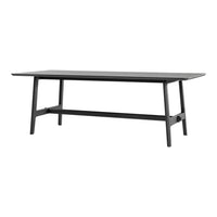 Black rectangular table with a sleek, smooth surface and minimalist design, featuring elegant straight legs.