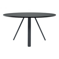 Modern round black table with a sleek matte finish and three angular legs. Perfect for contemporary spaces.