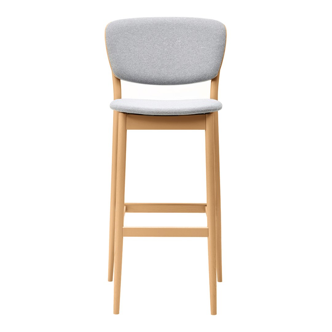 Light gray upholstered bar stool with a smooth wooden frame, featuring a minimalist design and clean lines.