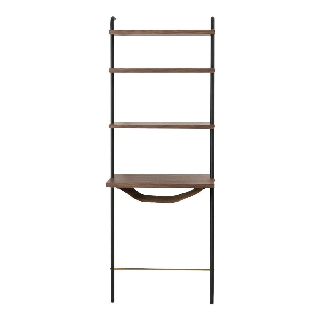 Brown wood shelves with black metal frame and gold accents, featuring a minimalist ladder-style design.