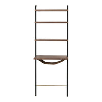 Brown wood shelves with black metal frame and gold accents, featuring a minimalist ladder-style design.