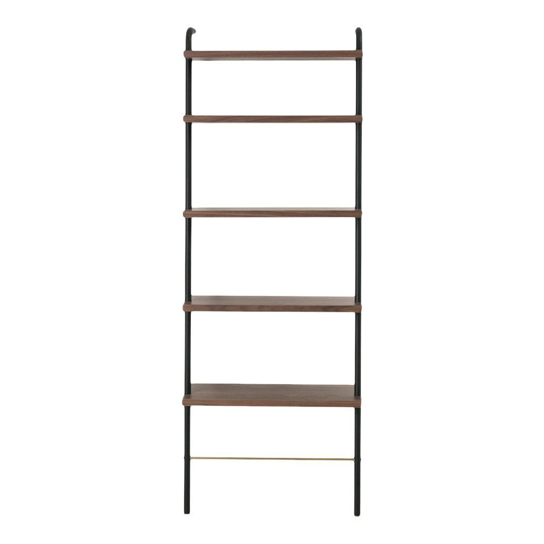 Tall, sleek bookshelf with dark wood shelves and a black metal frame, accentuated by subtle gold detailing.