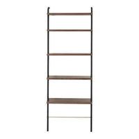 Tall, sleek bookshelf with dark wood shelves and a black metal frame, accentuated by subtle gold detailing.