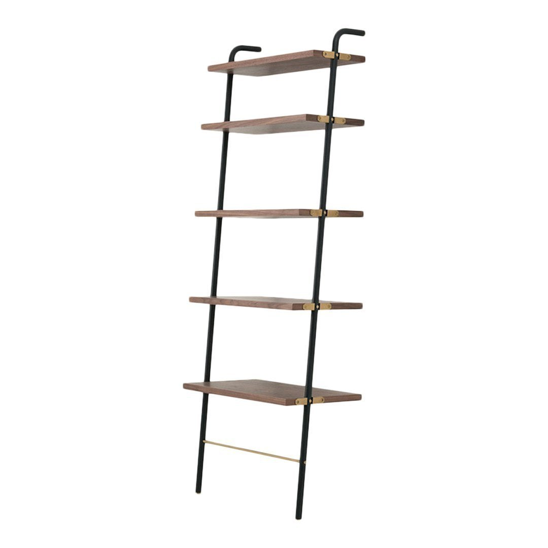 Black metal ladder shelf with natural wood shelves and subtle golden accents. Modern design with clean lines.