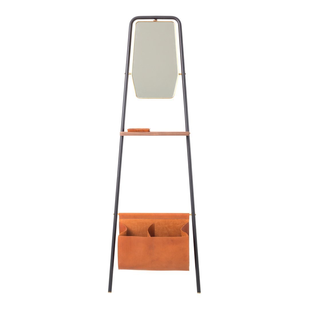 Modern black and tan mirror stand with a smooth finish and leather-like storage pockets. Ideal for stylish organization.