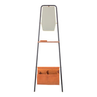 Modern black and tan mirror stand with a smooth finish and leather-like storage pockets. Ideal for stylish organization.