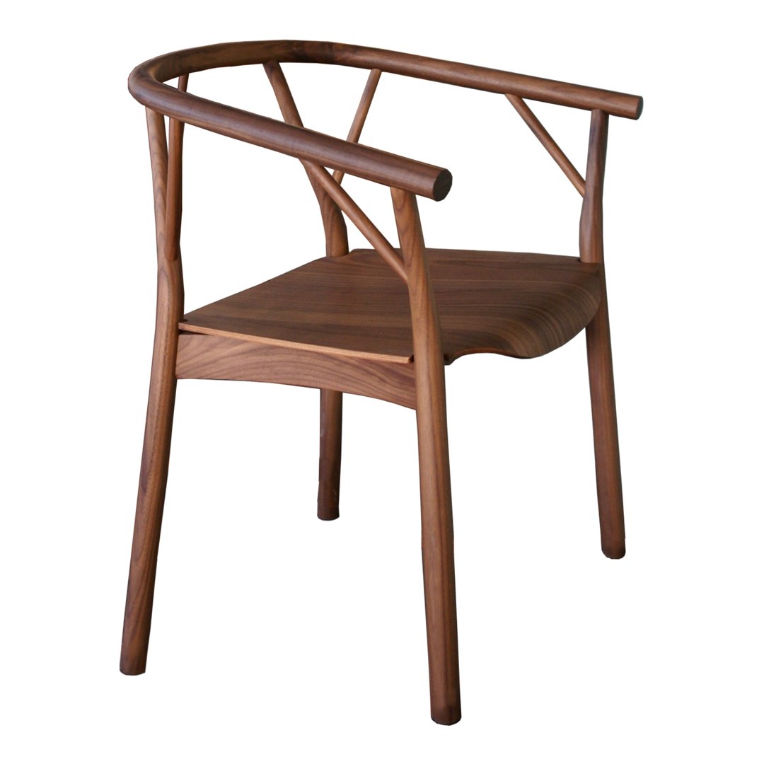 "Stylish wooden chair in rich walnut brown with curved armrests and a smooth, minimalist design."