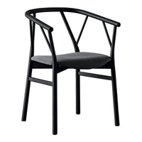 Black chair with a modern geometric design and a soft gray cushion. Sleek and stylish for any contemporary space.