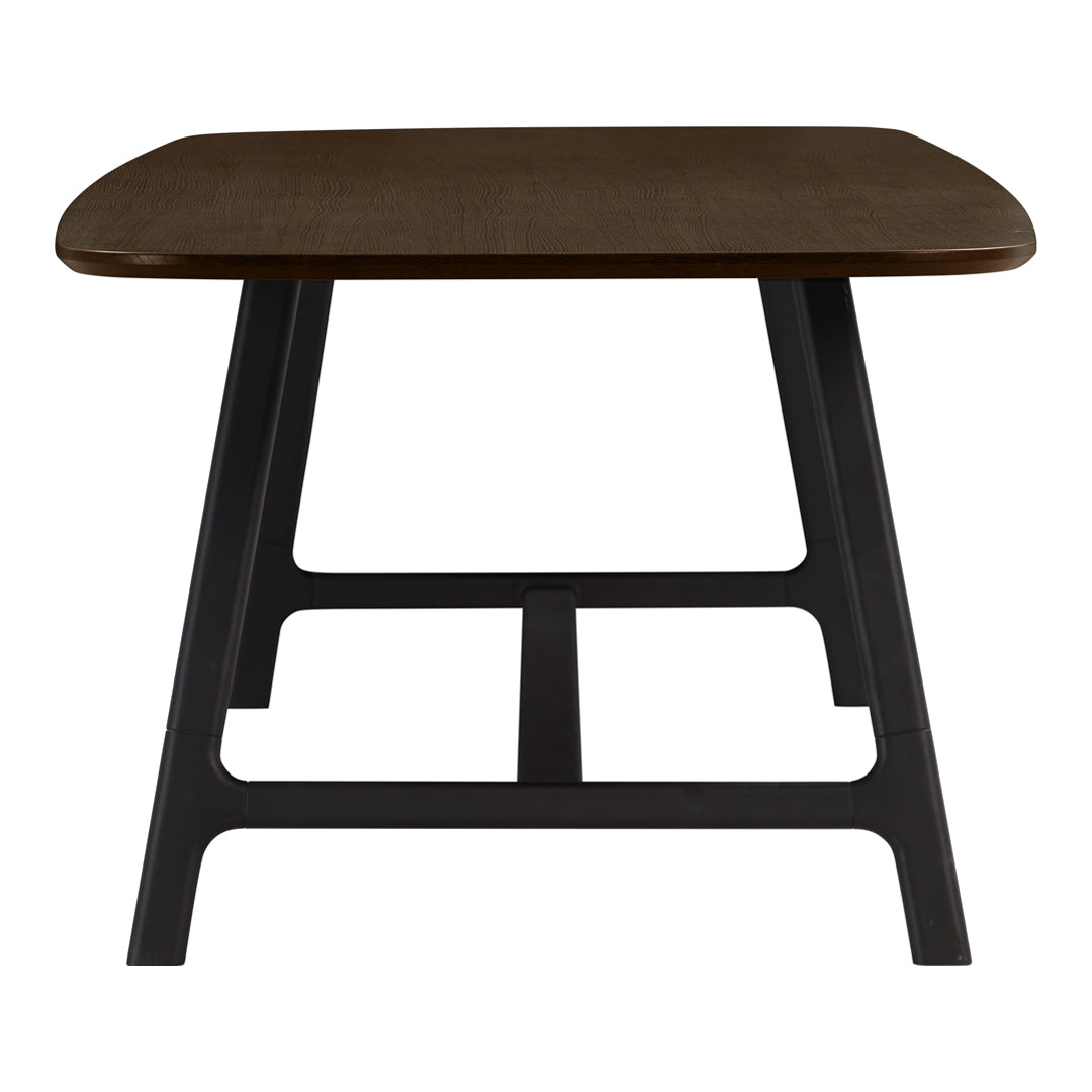 Brown wood tabletop with a smooth finish, supported by a sleek black metal frame, minimalist design.