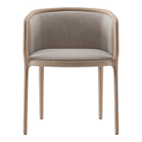 Beige upholstered chair with a seamless design and light wood frame. Minimalist style for modern decor.