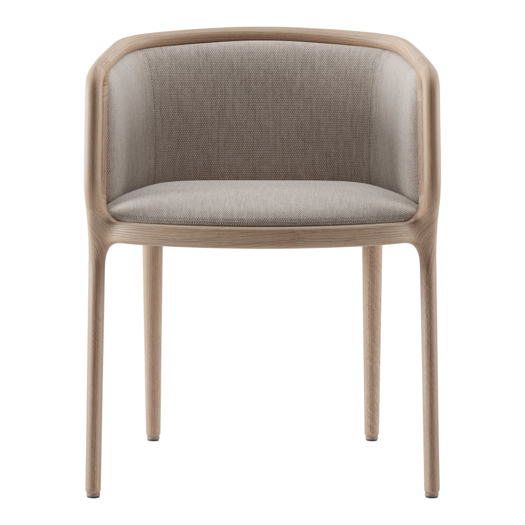 Beige upholstered chair with a smooth wood frame and minimalist design, featuring subtle textures for a modern look.