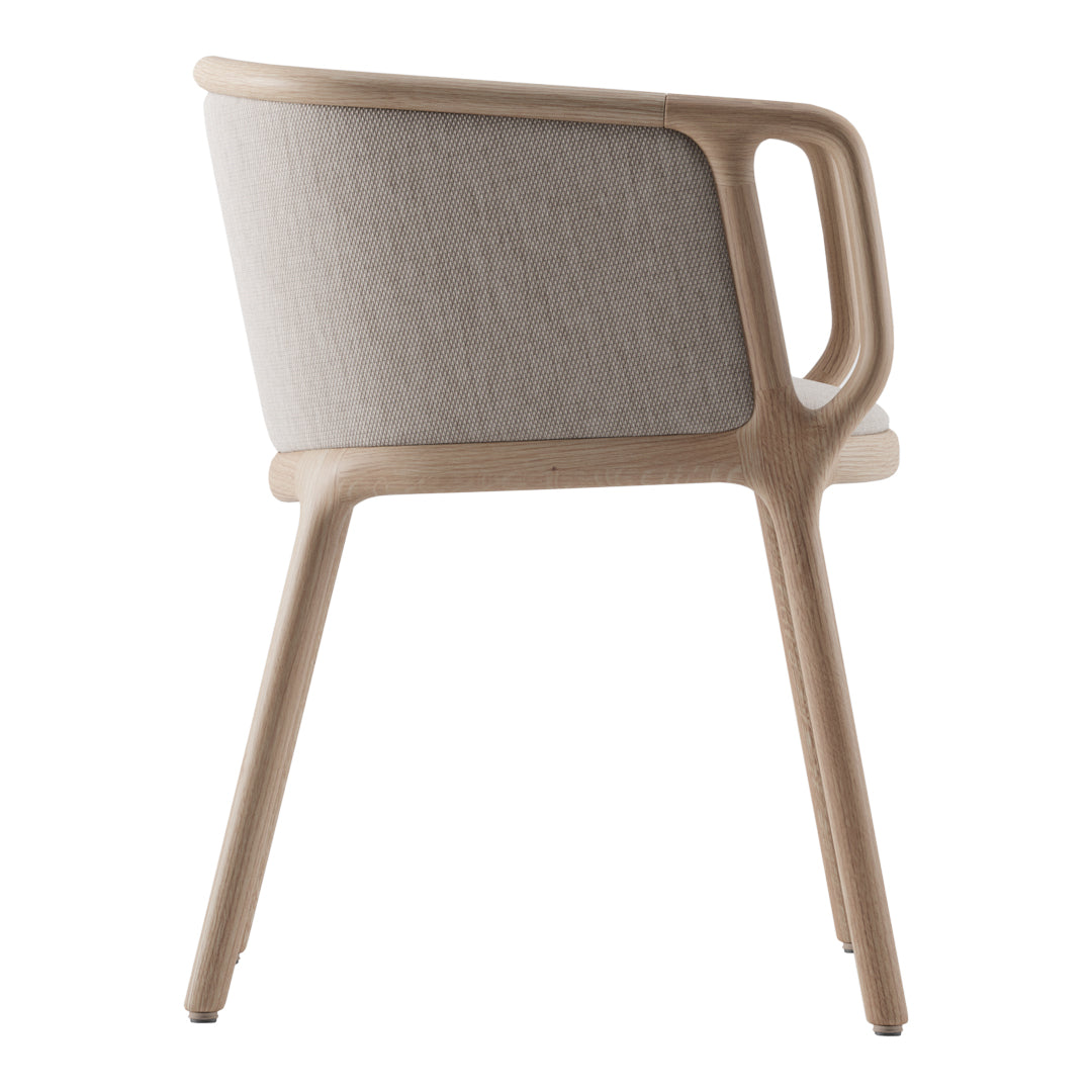 Light beige upholstered chair with a smooth wooden frame and minimalist design. Clean lines and simple elegance.