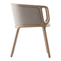 Light beige upholstered chair with a smooth wooden frame and minimalist design. Clean lines and simple elegance.