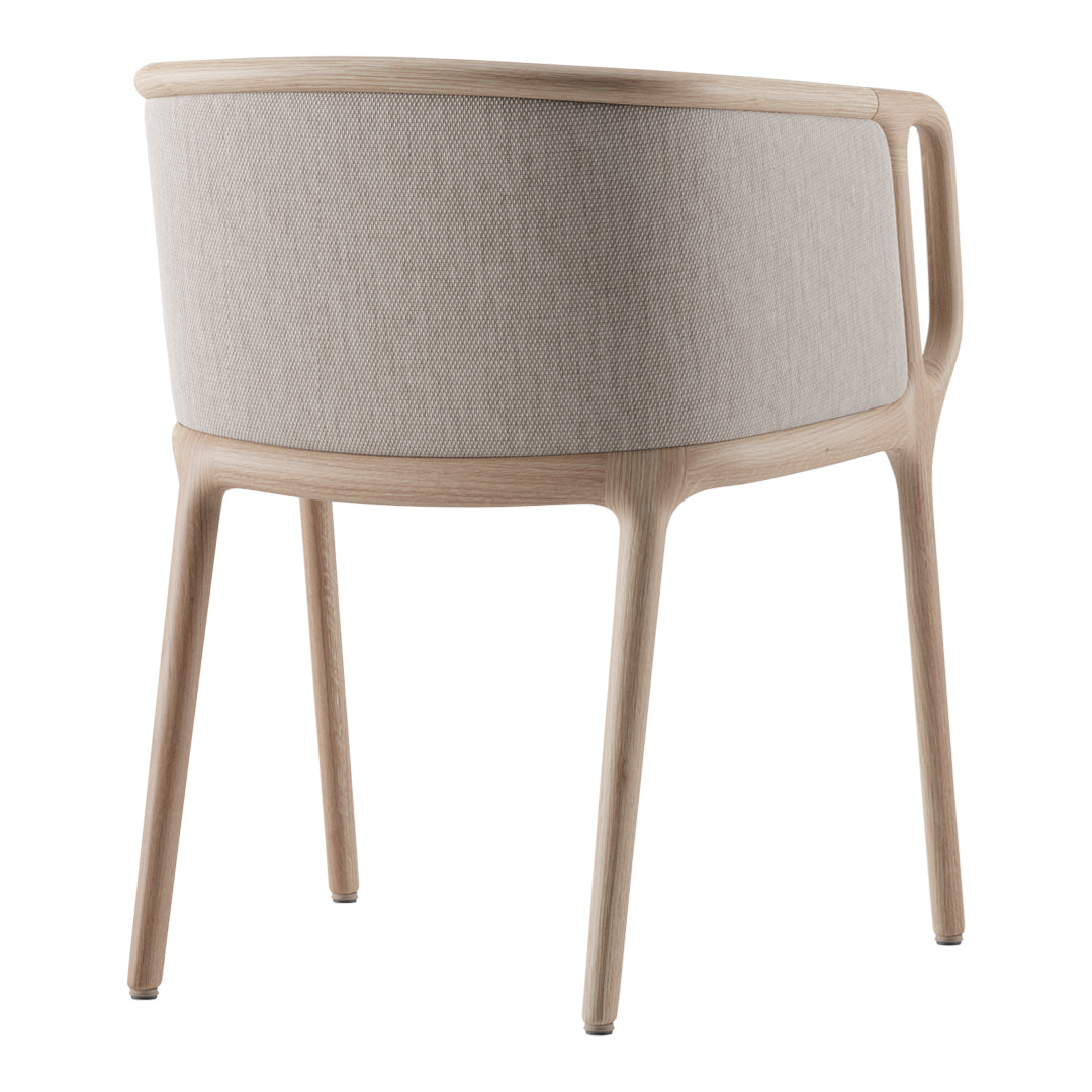 Beige upholstered chair with a natural wood frame, featuring a smooth, minimalist design and soft texture.