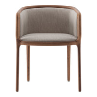 Light gray upholstered chair with a smooth wood frame, featuring a simple, modern design and soft textures.