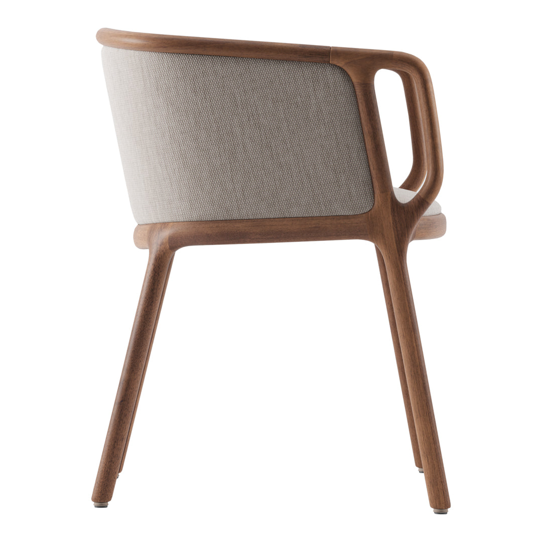 Modern wooden chair with a light gray fabric backrest and smooth walnut finish. Stylish and contemporary design.