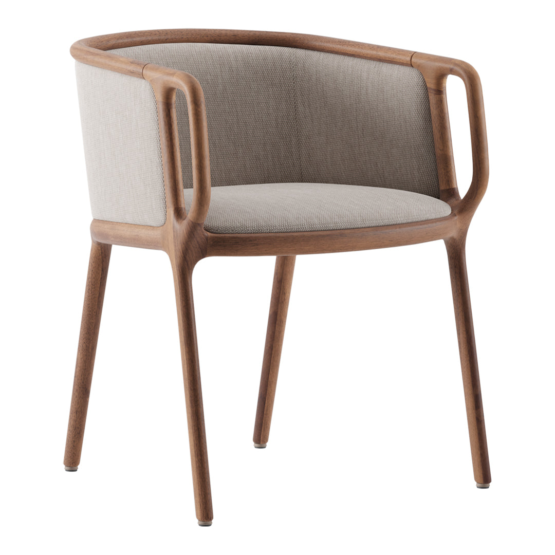 Light gray fabric upholstered chair with a natural wood frame and curved design, showcasing a modern and minimalist style.