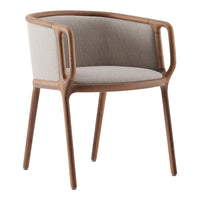 Light gray fabric upholstered chair with a natural wood frame and curved design, showcasing a modern and minimalist style.