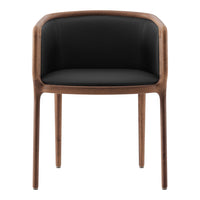 Black upholstered chair with natural wood frame, featuring a sleek, modern design and smooth lines.