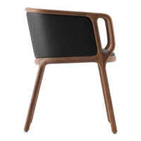 Modern chair with a sleek black seat and walnut wood frame, featuring clean lines and minimalistic design.