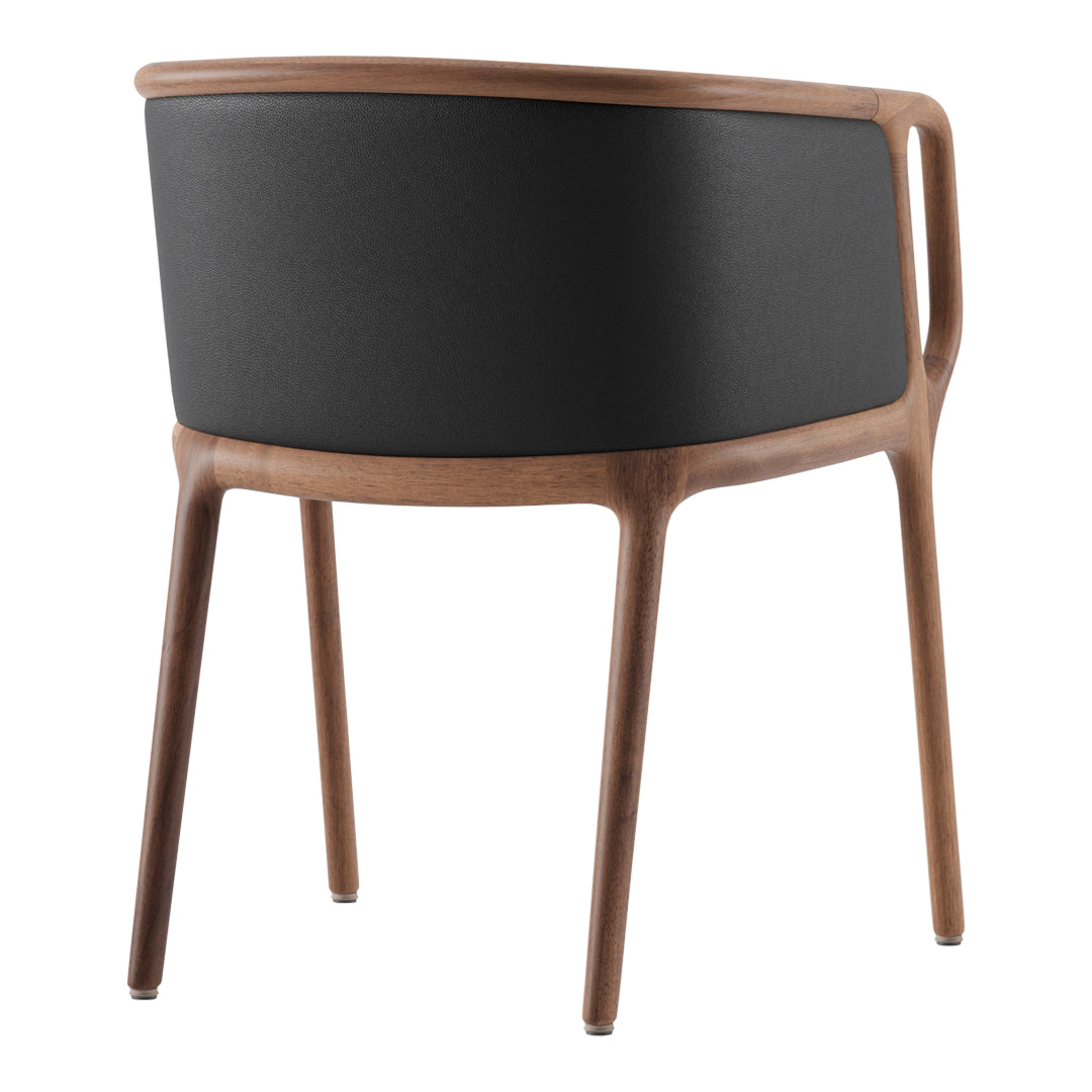 Wooden chair featuring a sleek walnut frame and a modern black upholstered back. Minimalist design with elegant curves.