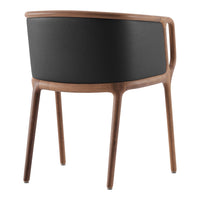 Wooden chair featuring a sleek walnut frame and a modern black upholstered back. Minimalist design with elegant curves.