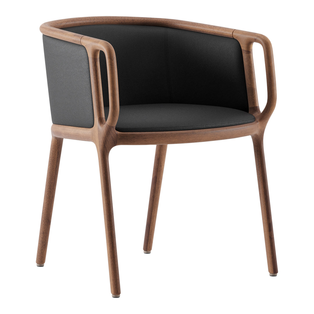 Stylish armchair with a black upholstered seat and backrest, featuring a warm walnut wood frame and sleek lines.